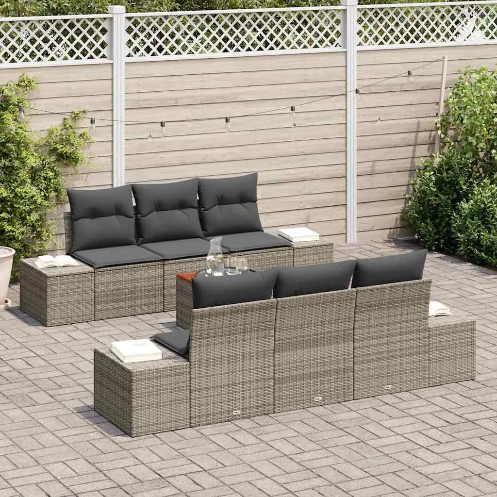 Garden Sofa Set Modular Poly Rattan 7 Piece Grey with Acacia Wood Frame