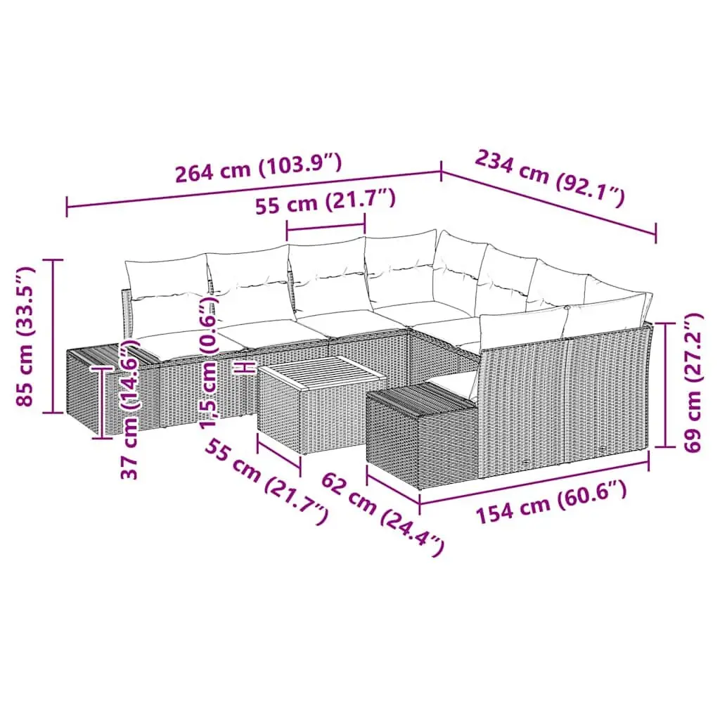 Modular 9 Piece Outdoor Garden Sofa Set Grey Poly Rattan with Water Resistant Storage and Foam Cushions