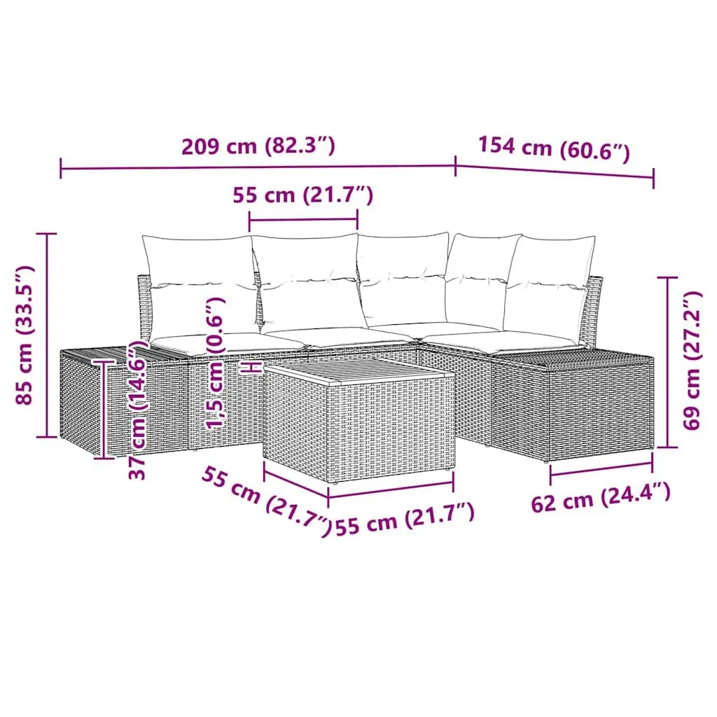 Garden Sofa Set Modular Poly Rattan with Acacia Wood 5 Pieces Grey