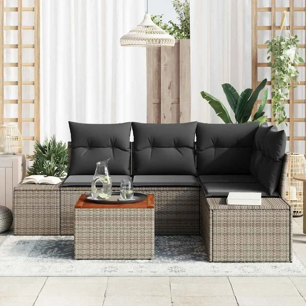 Garden Sofa Set Modular Poly Rattan with Acacia Wood 5 Pieces Grey