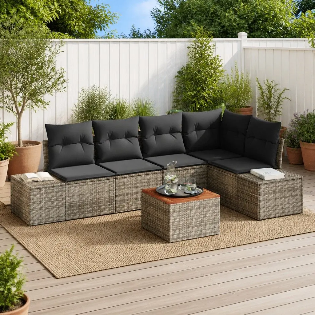 6 Piece Outdoor Modular Sofa Set Grey Poly Rattan Acacia Wood Patio Furniture with Soft Cushions
