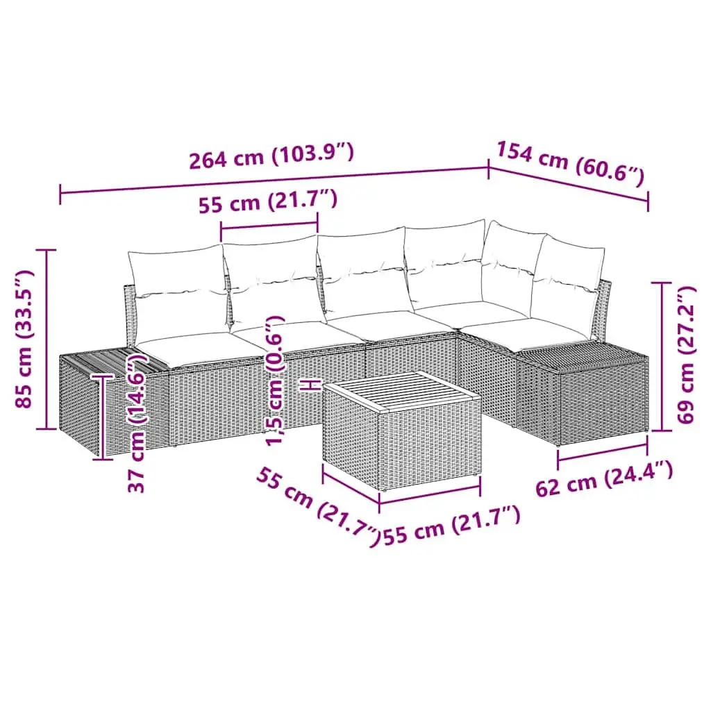 6 Piece Outdoor Modular Sofa Set Grey Poly Rattan Acacia Wood Patio Furniture with Soft Cushions