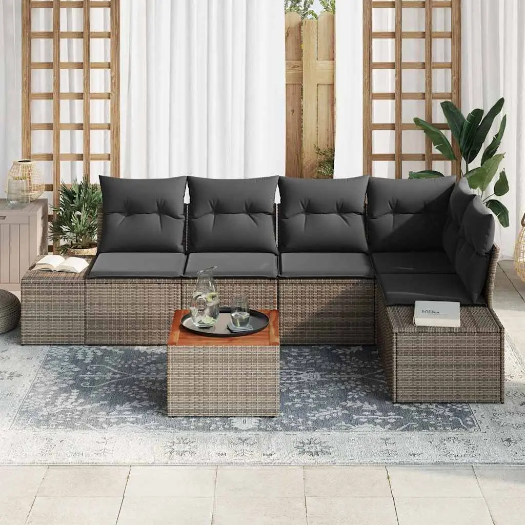 6 Piece Outdoor Modular Sofa Set Grey Poly Rattan Acacia Wood Patio Furniture with Soft Cushions