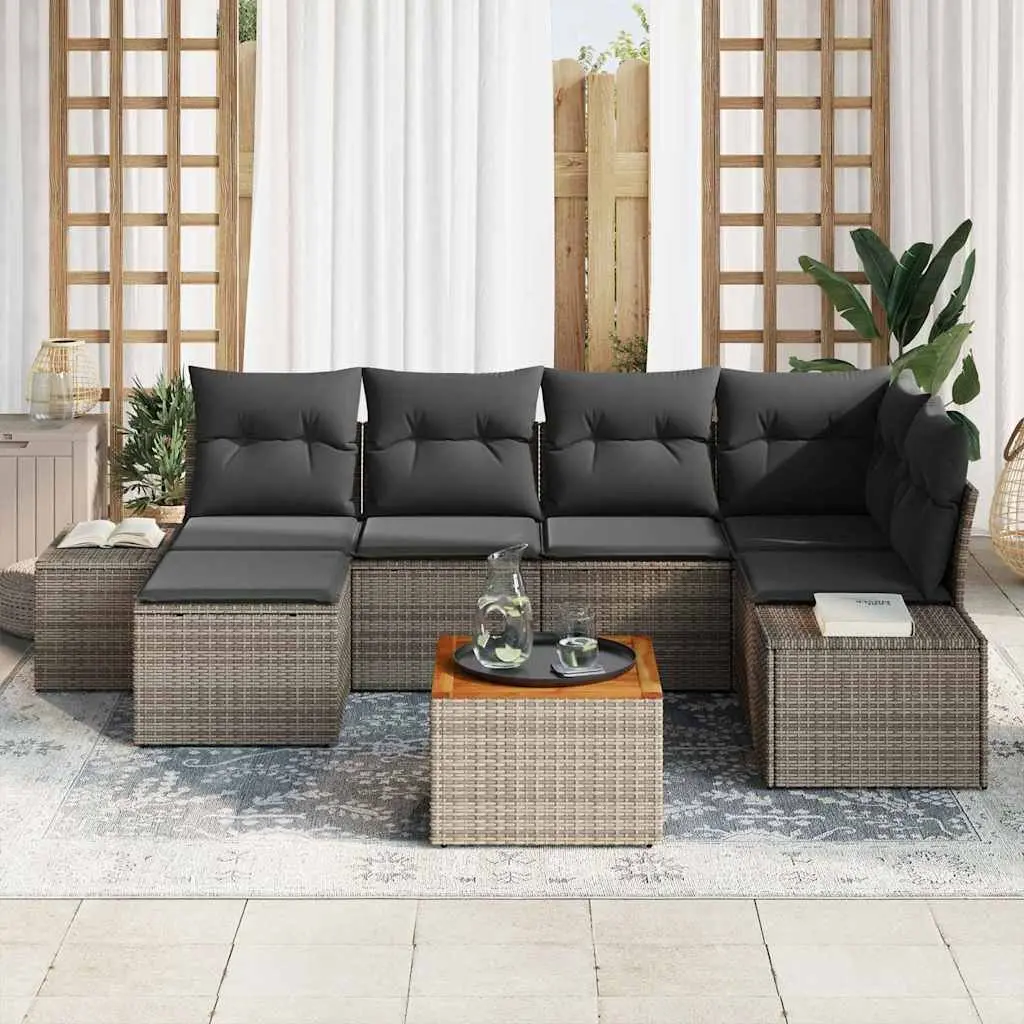 Garden Sofa Set Modular PE Rattan Powder-Coated Steel Solid Acacia Wood 7 Piece Grey Outdoor Furniture