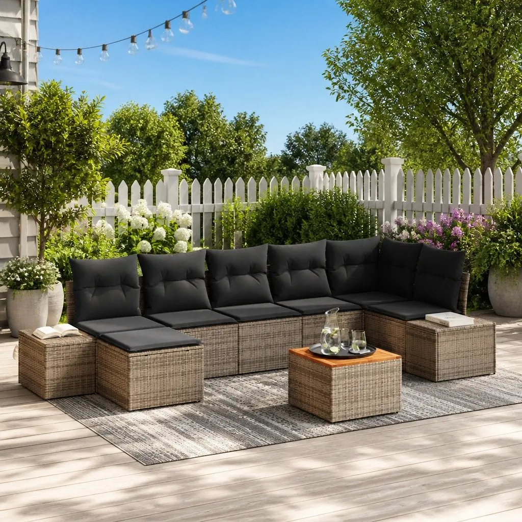 Garden Sofa Set Modular Poly Rattan with Powder Coated Steel 8 Pieces Grey Outdoor Furniture