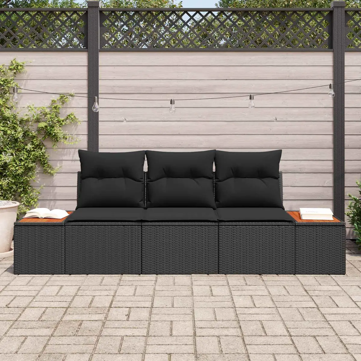Outdoor Garden Sofa Set Poly Rattan 3 Pieces Black with Storage Cushions