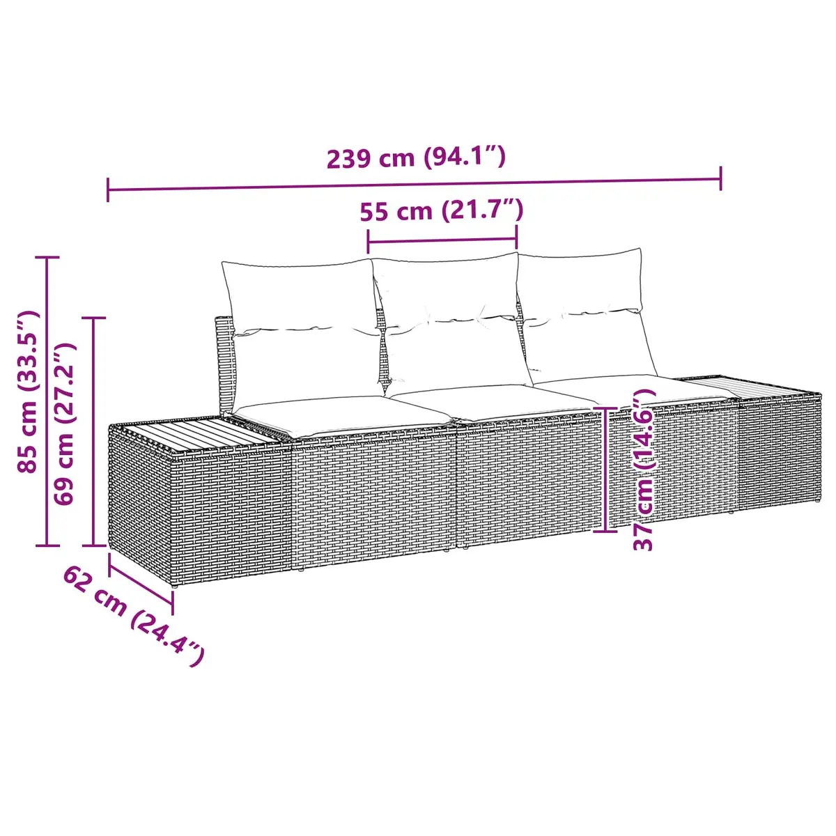 Outdoor Garden Sofa Set Poly Rattan 3 Pieces Black with Storage Cushions