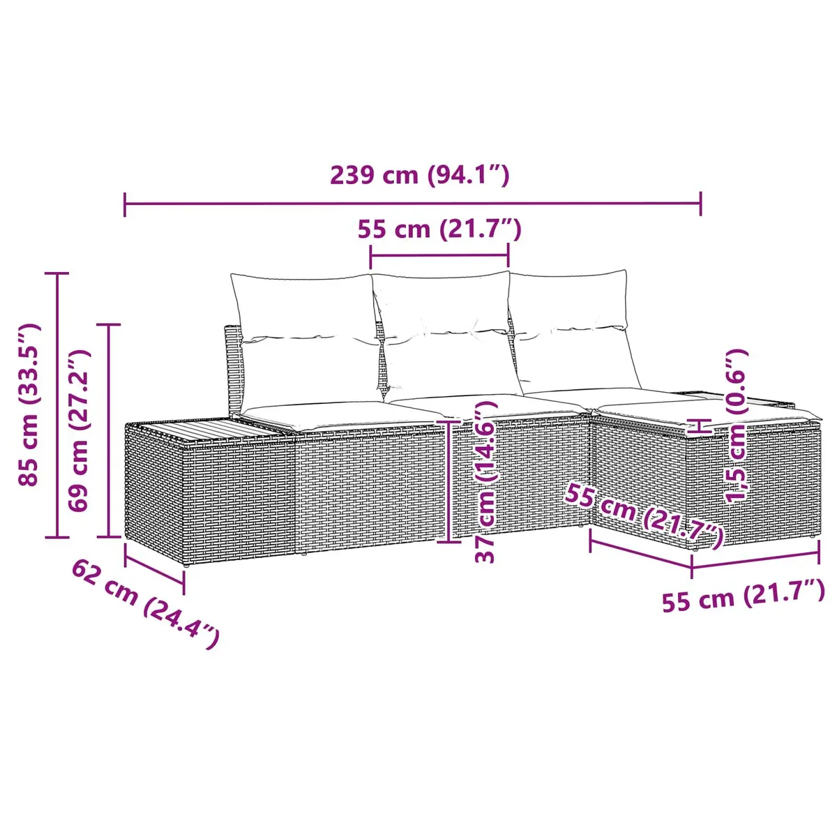 Outdoor Garden Sofa Set 4 Piece Modular Black Poly Rattan Seating with Cushions