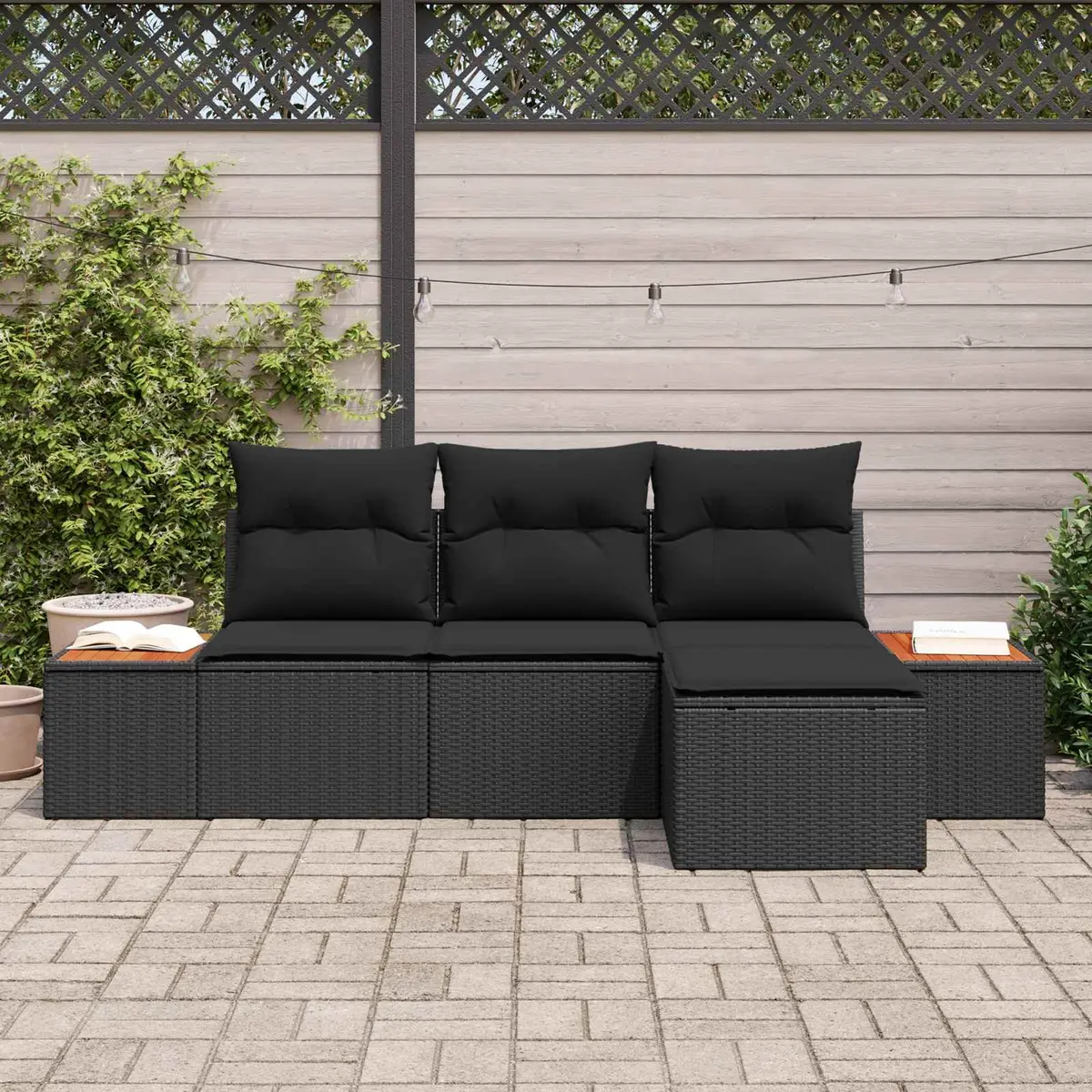 Outdoor Garden Sofa Set 4 Piece Modular Black Poly Rattan Seating with Cushions