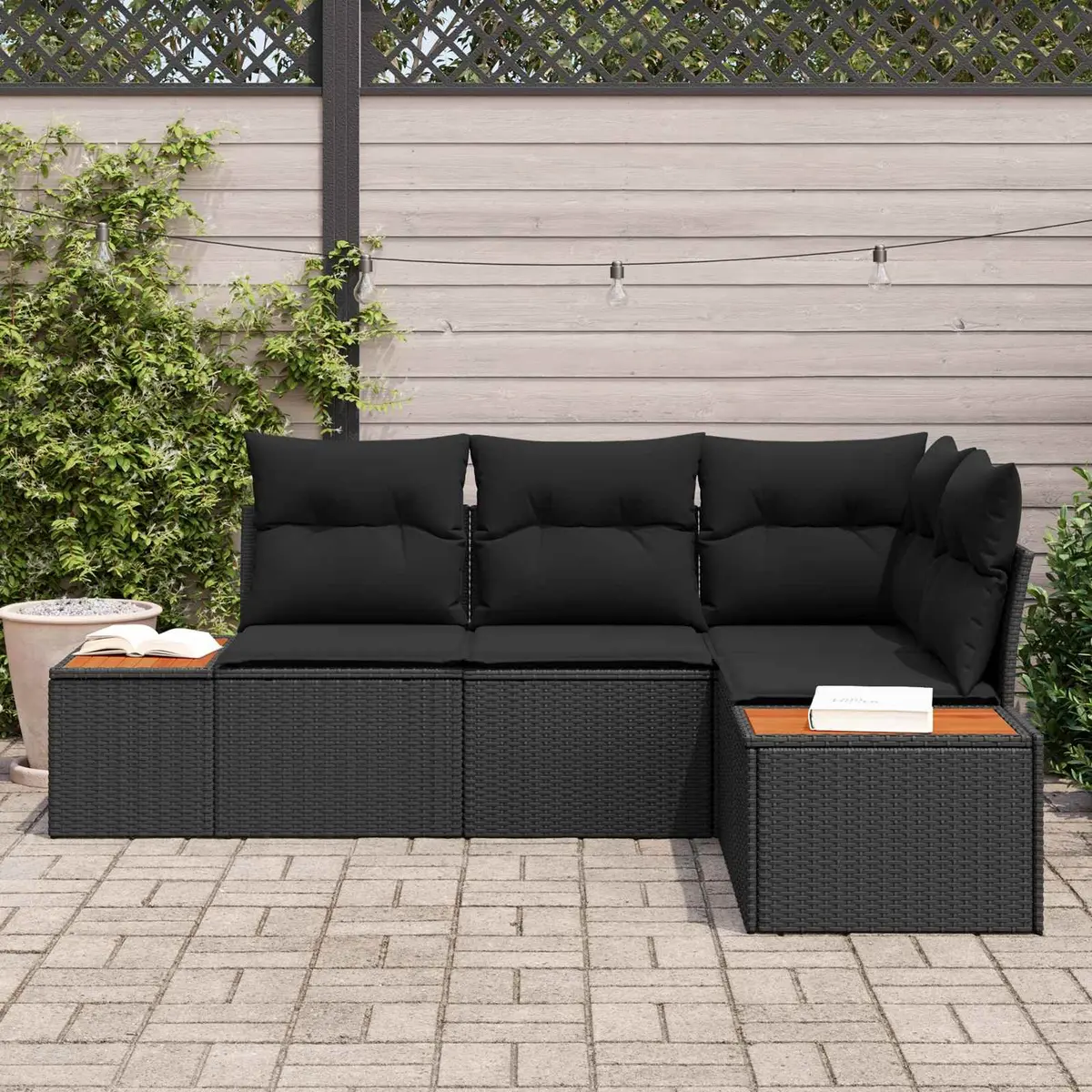 Modular Outdoor Garden Sofa Set 4 Piece Poly Rattan and Solid Acacia Wood Black