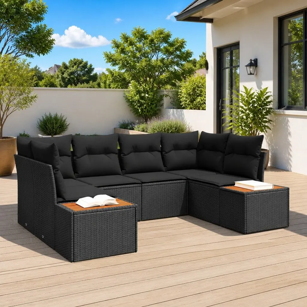 Modular Outdoor Seating Set Black Poly Rattan 6 Piece Garden Sofa Furniture