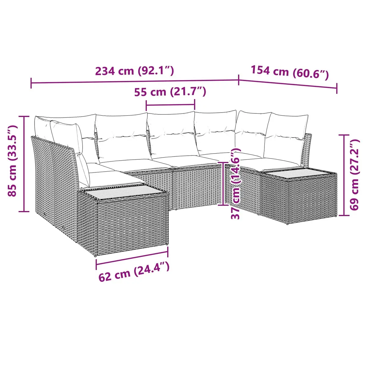 Modular Outdoor Seating Set Black Poly Rattan 6 Piece Garden Sofa Furniture