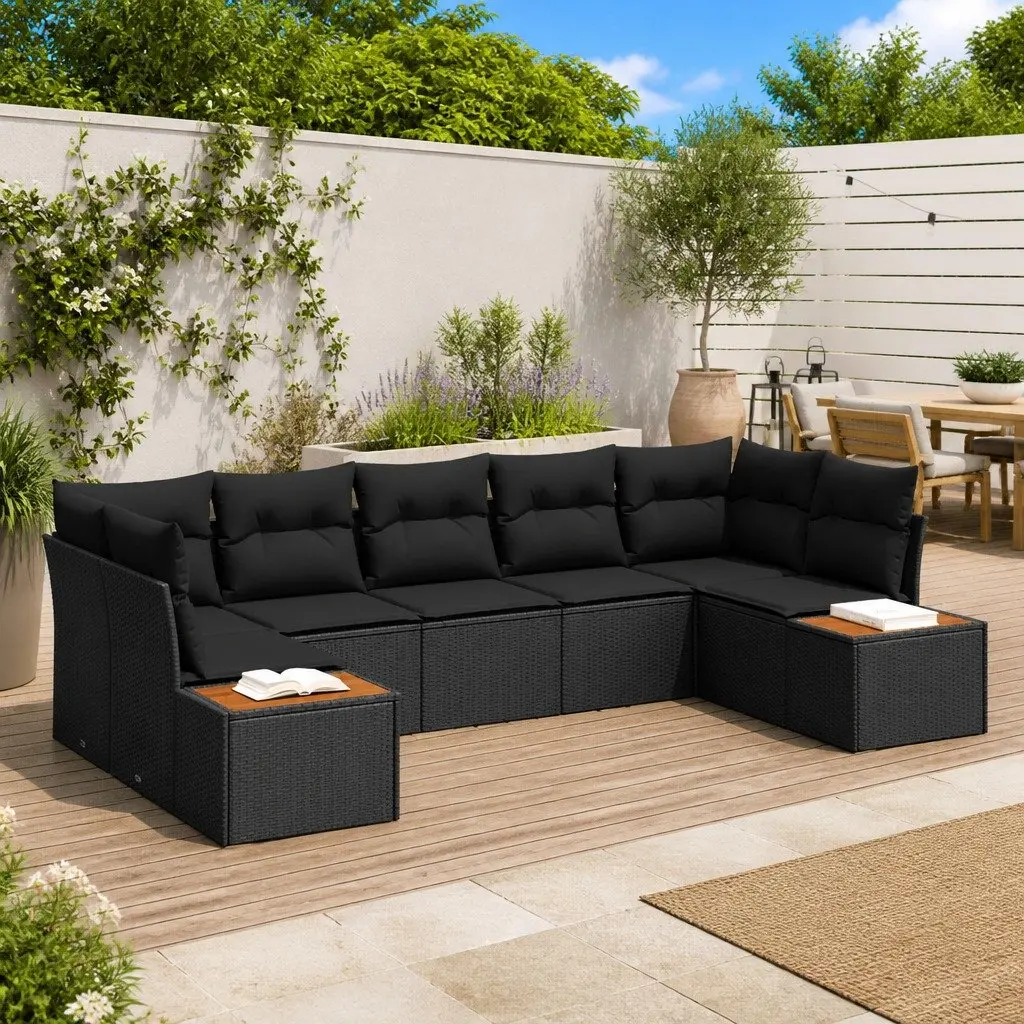 Modular Garden Sofa Set Poly Rattan Steel Frame Acacia Wood Black 7 Piece Outdoor Patio Furniture