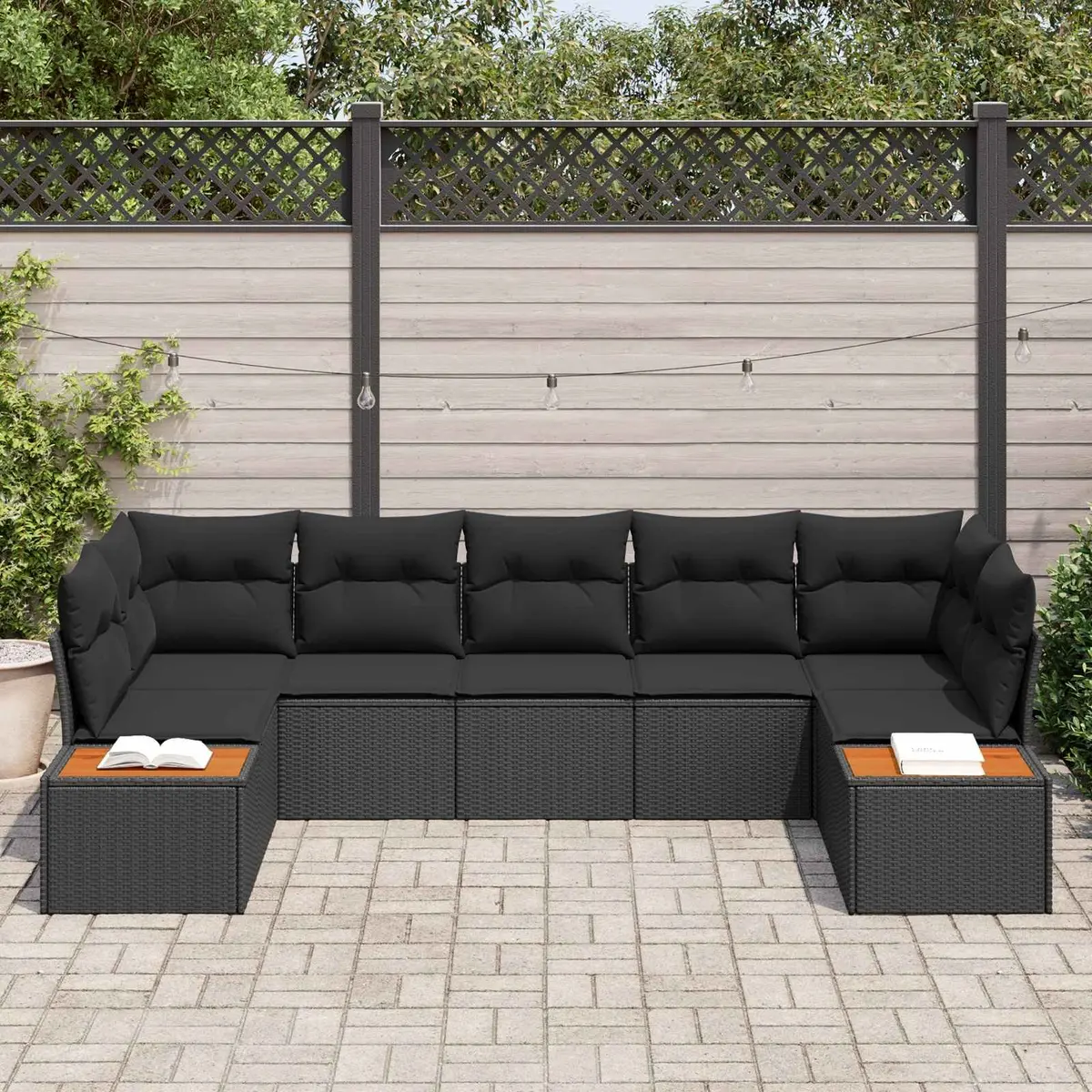 Modular Garden Sofa Set Poly Rattan Steel Frame Acacia Wood Black 7 Piece Outdoor Patio Furniture