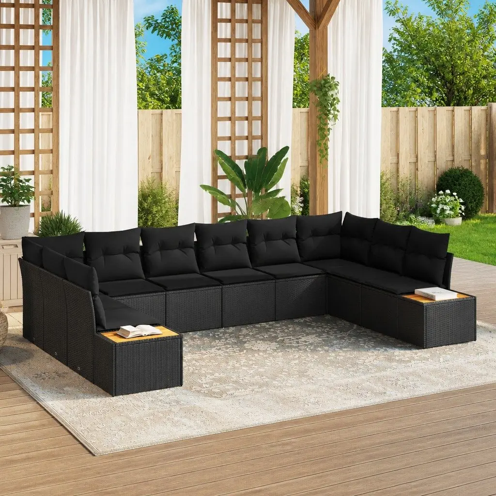 Outdoor Garden Sofa Set Poly Rattan 10 Pieces Black Modular Seating with Cushions