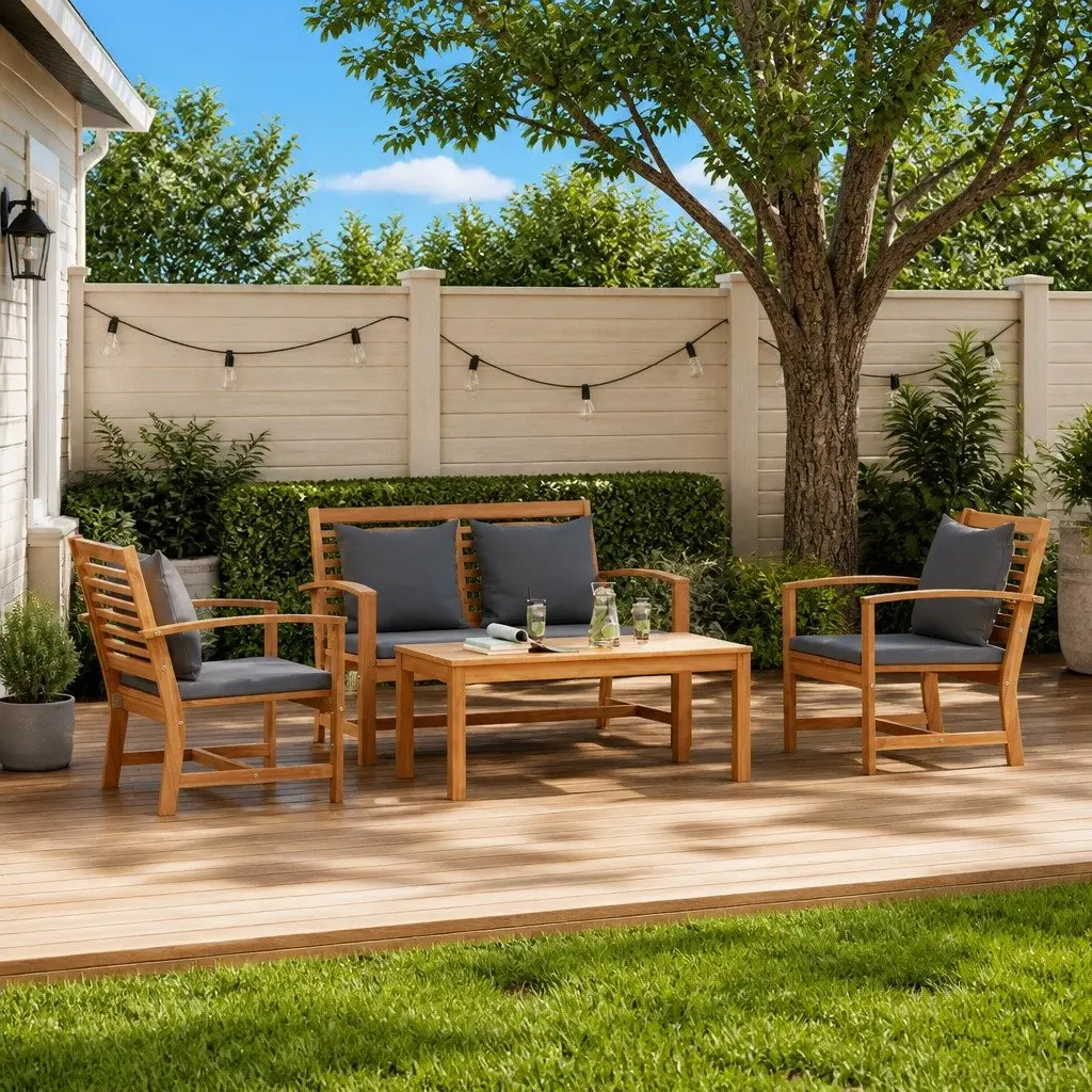 Garden Sofa Set Solid Teak Wood 4 Piece Outdoor Seating Brown Contemporary