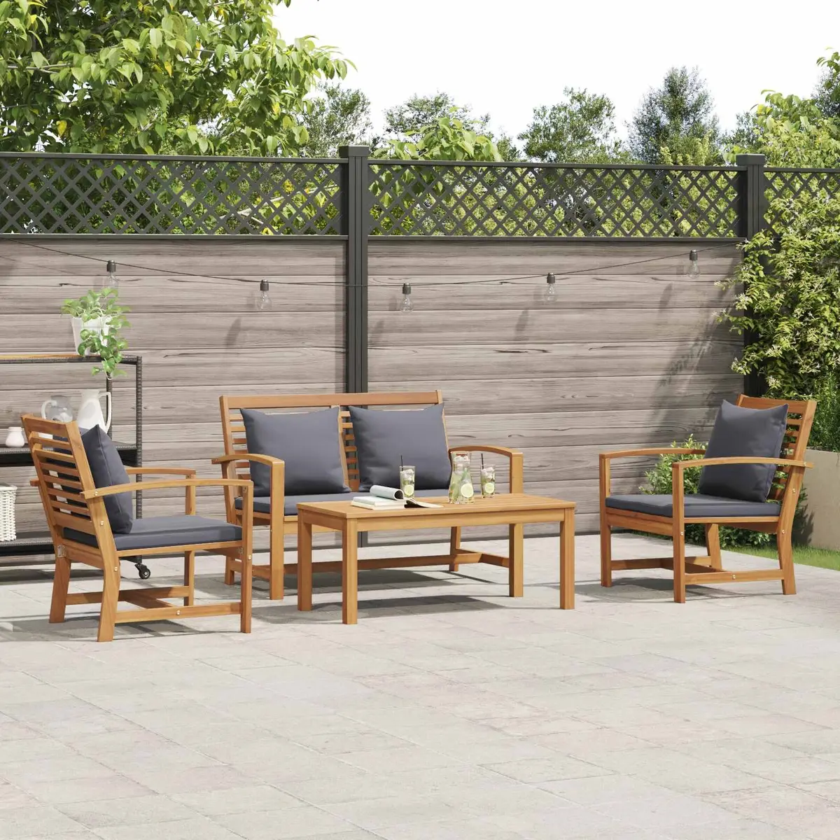 Garden Sofa Set Solid Teak Wood 4 Piece Outdoor Seating Brown Contemporary