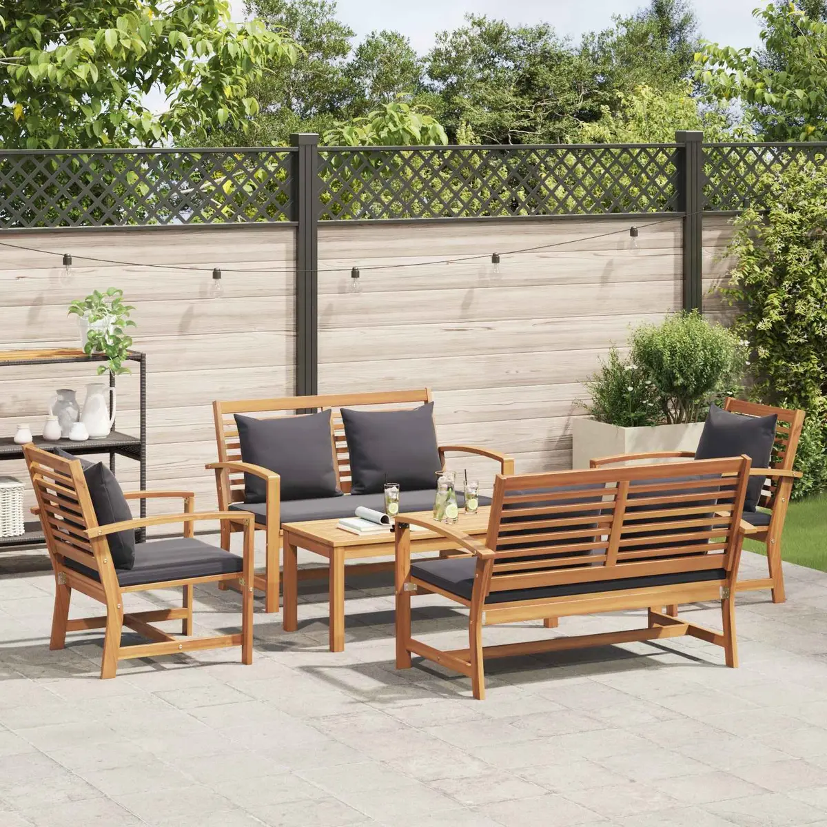 Garden Sofa Set Solid Teak Wood 5 Piece Outdoor Furniture Contemporary Brown