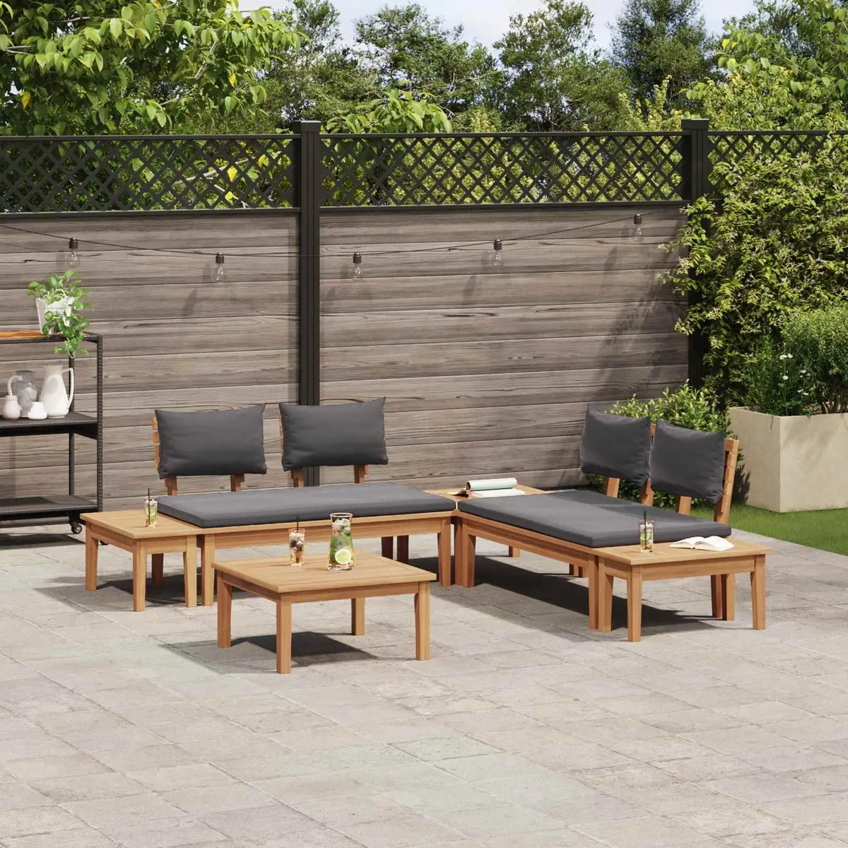 3 Piece Outdoor Sofa Set Cushioned Teak Wood Frame Brown Grey