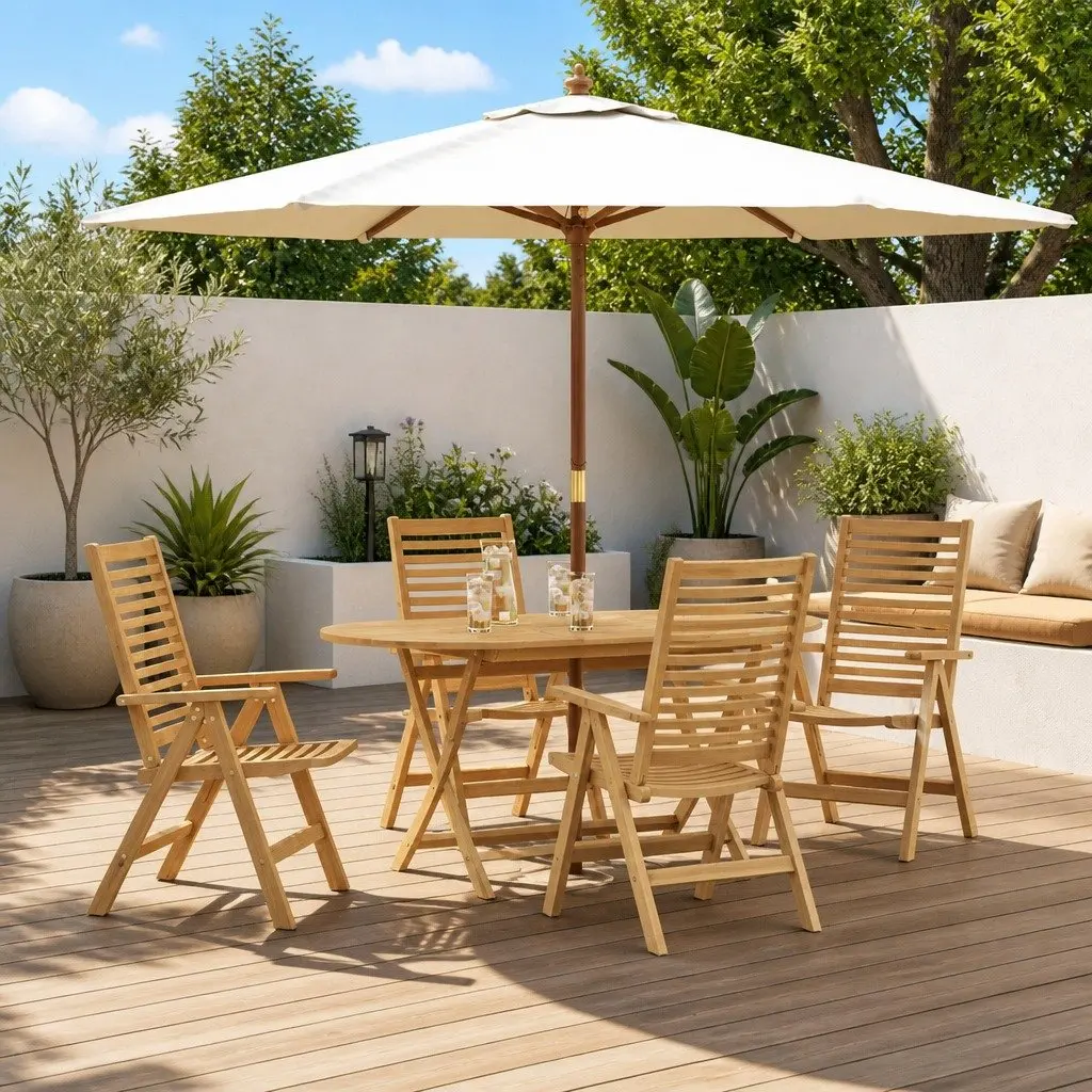 Garden Dining Set 5 Pieces Outdoor Furniture Table Chairs Brown Teak Wood