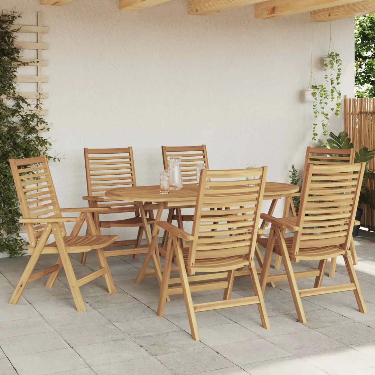 Garden Dining Set 7 Piece Brown Teak Wood Outdoor Furniture Table Chairs