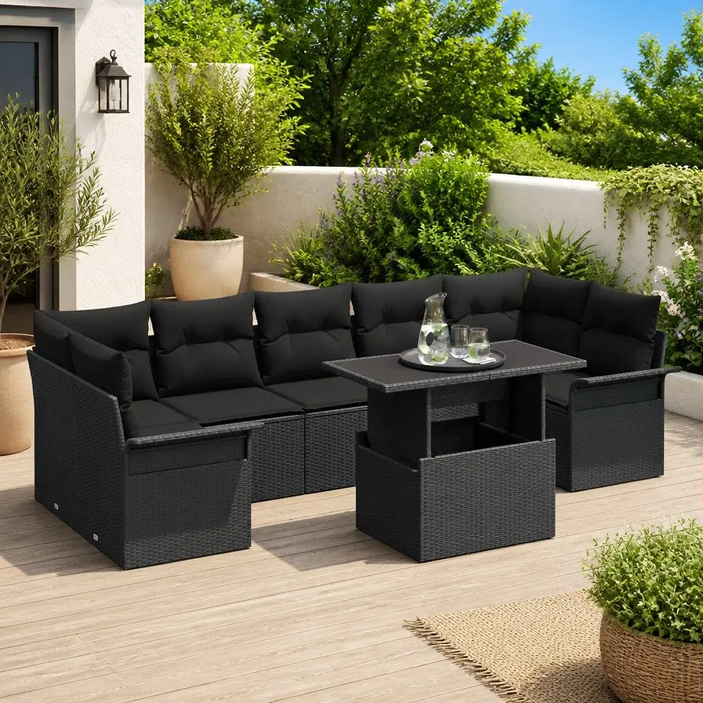 8 Piece Modular Sofa Set Outdoor Furniture Black Poly Rattan with Cushions and Glass Tops