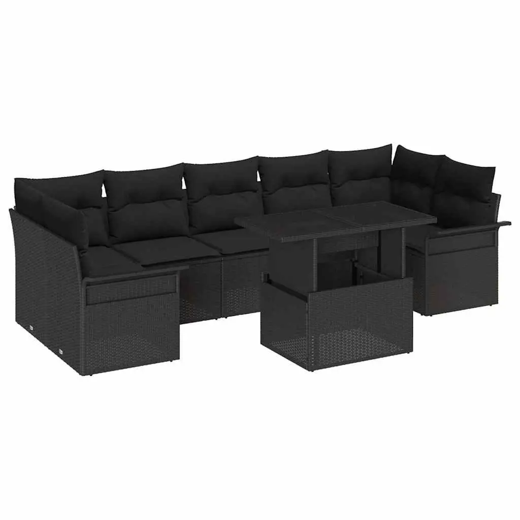 8 Piece Modular Sofa Set Outdoor Furniture Black Poly Rattan with Cushions and Glass Tops