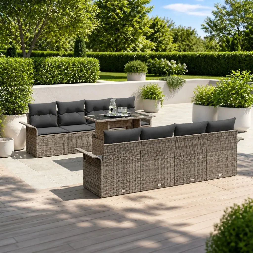 Modular Garden Sofa Set 9 Pieces Grey Poly Rattan Outdoor Patio Furniture