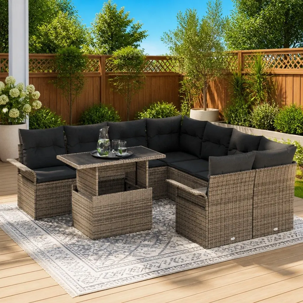 9 Piece Outdoor Furniture Set Grey Synthetic Poly Rattan Modular Sofa with Glass Table for Patio Garden Lounge