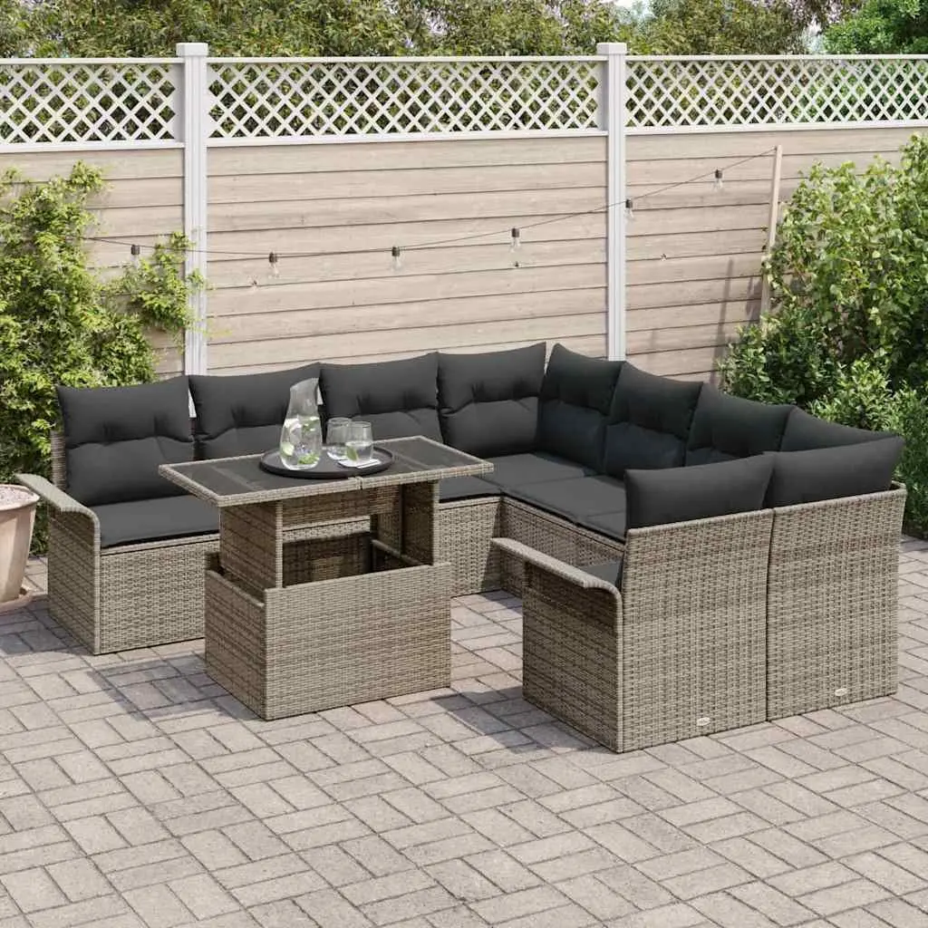 9 Piece Outdoor Furniture Set Grey Synthetic Poly Rattan Modular Sofa with Glass Table for Patio Garden Lounge