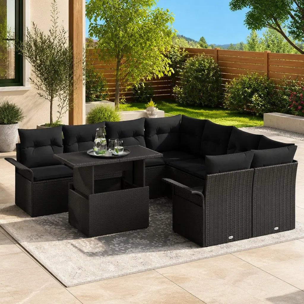 Garden Sofa Set Modular Synthetic Poly Rattan 9 Pieces Black Outdoor Furniture