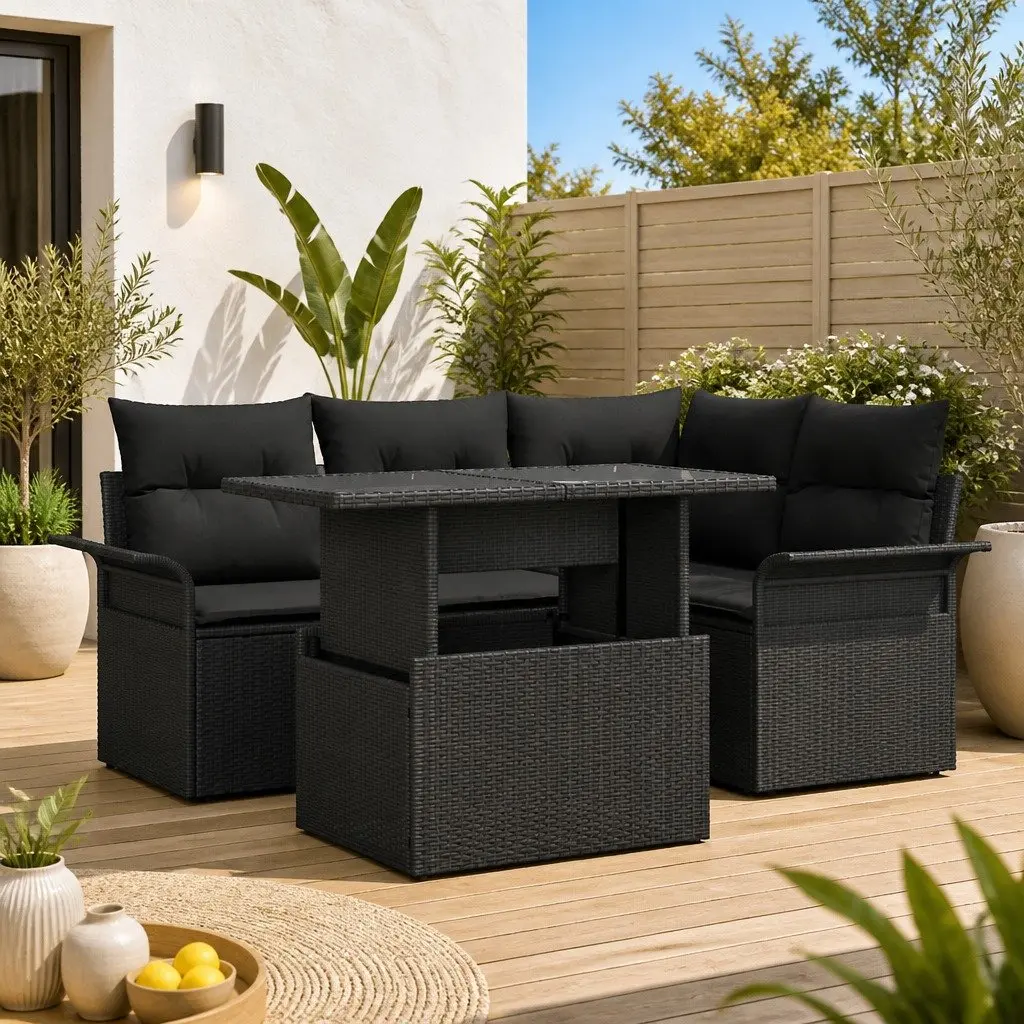 5 Piece Modular Outdoor Garden Sofa Set Black Poly Rattan with Cushions