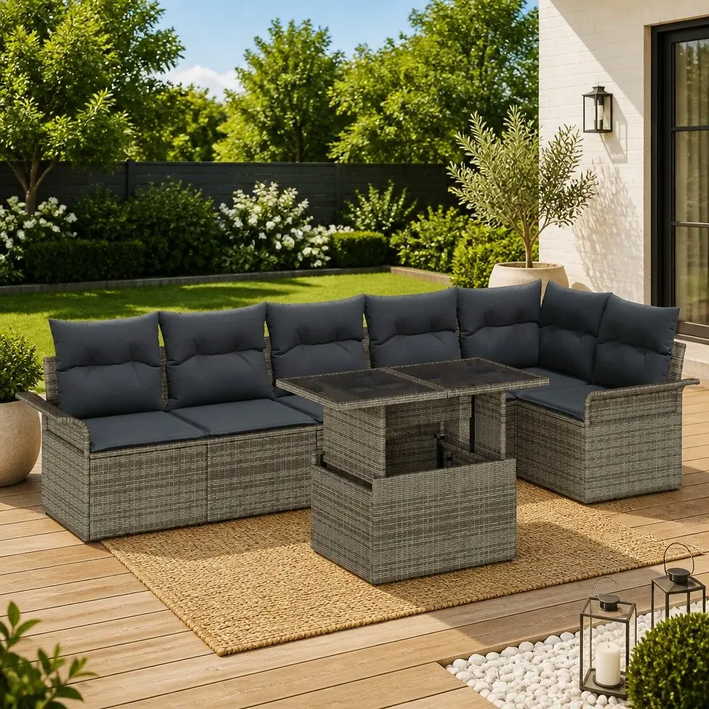 7 Piece Modular Garden Sofa Set Grey Poly Rattan with Cushions Outdoor Lounge