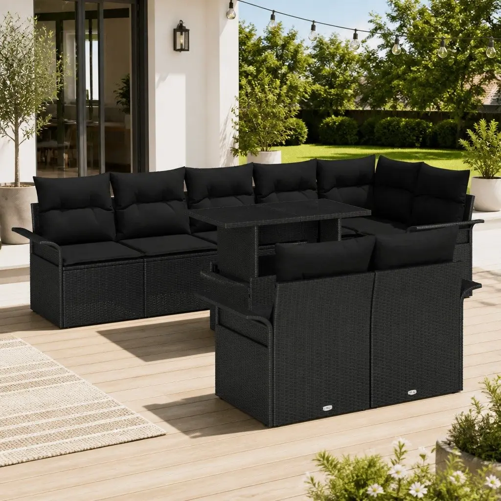 9 Piece Modular Outdoor Garden Sofa Set with Cushions Black Poly Rattan Patio