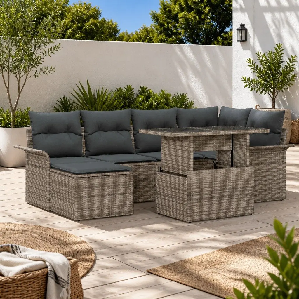 Modular Garden Sofa Set 7 Piece Poly Rattan Grey with Cushions