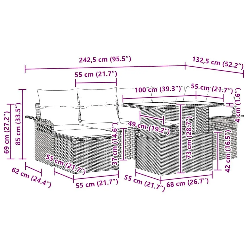 Modular Garden Sofa Set 7 Piece Poly Rattan Grey with Cushions