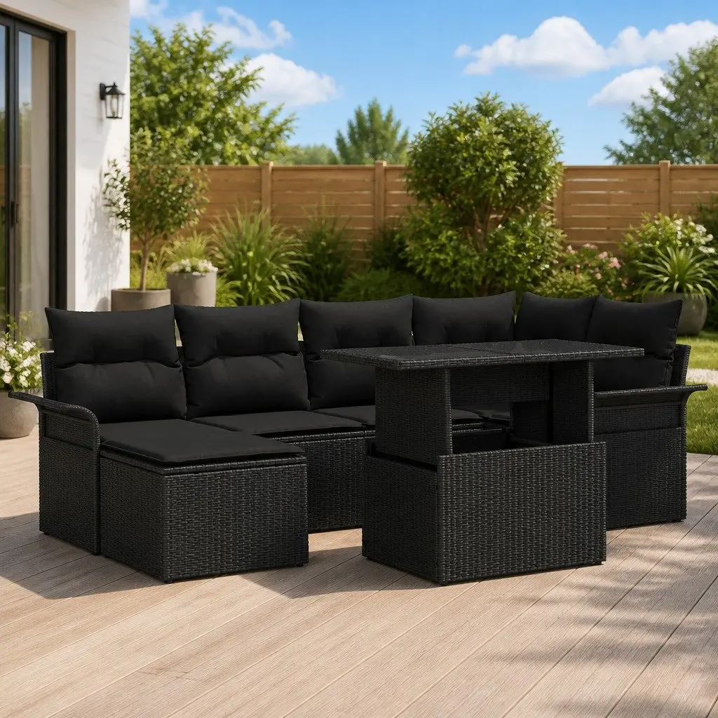 7 Piece Modular Outdoor Garden Sofa Set Black Poly Rattan Sectional