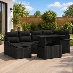 Outdoor Garden Sofa Set 7 Piece Modular Black Poly Rattan Sectional with