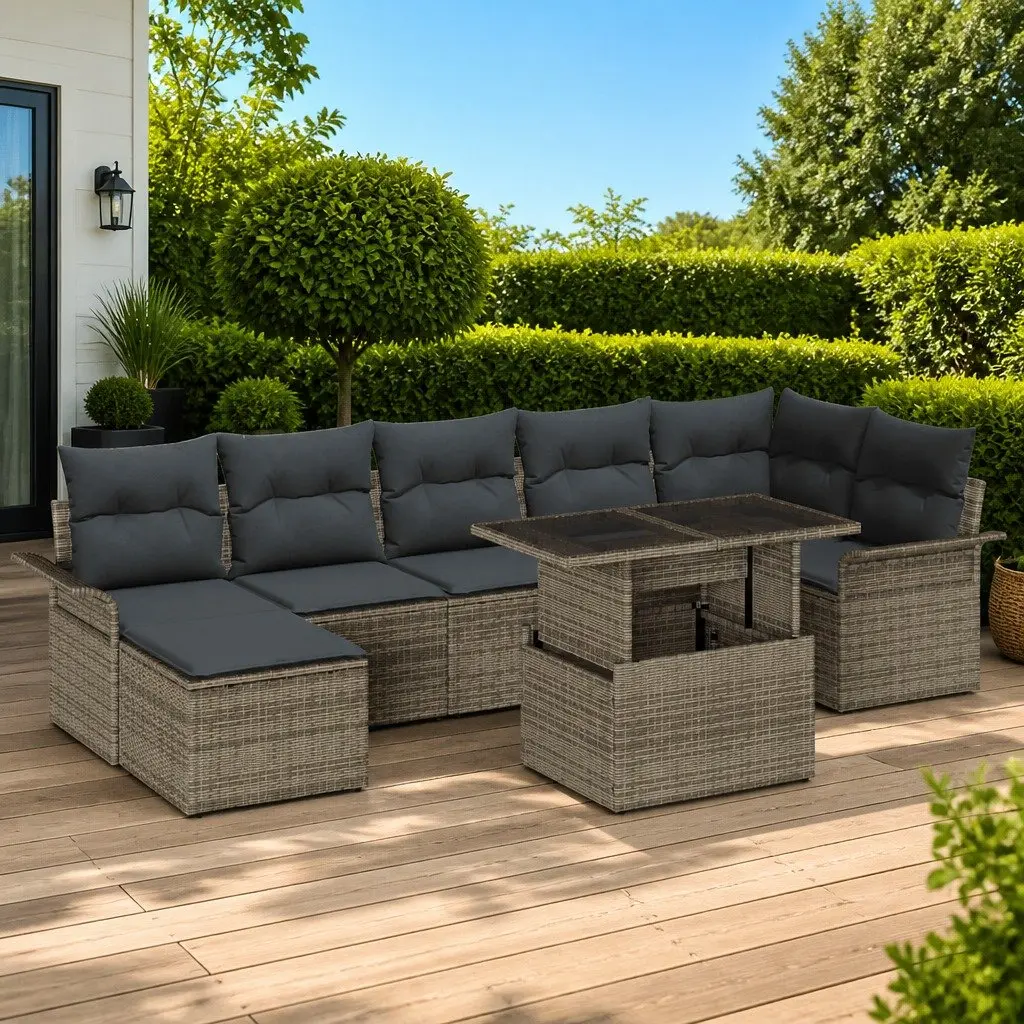 8 Piece Outdoor Garden Sofa Set Grey Synthetic Rattan Flexible Arrangement Patio Furniture