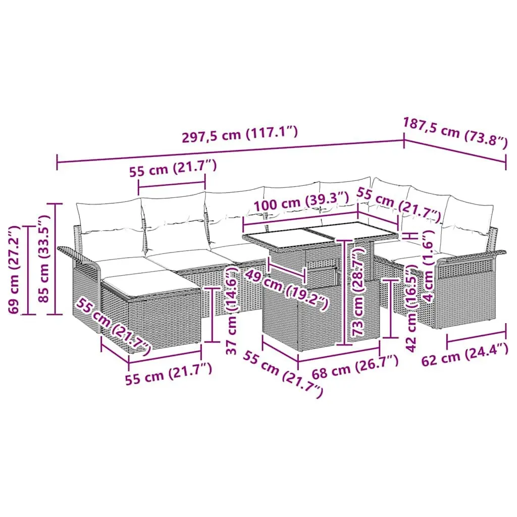 Garden Sofa Set Modular Synthetic Poly Rattan 9 Pieces Grey Steel Frame