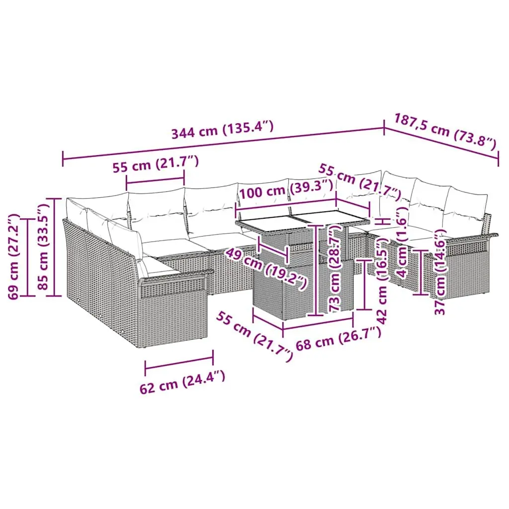 Modular Garden Sofa Set 11 Piece Poly Rattan Grey with Cushions