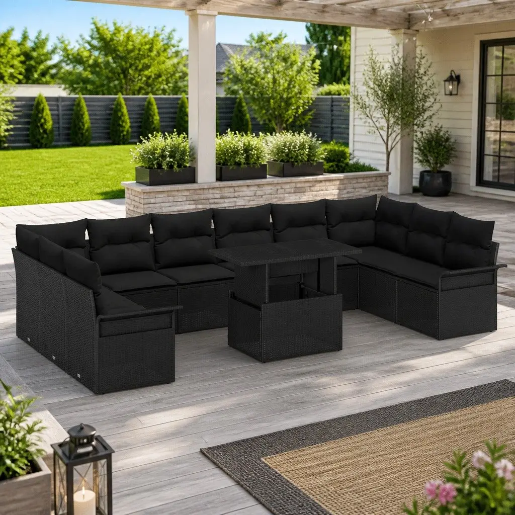 Modular Black Poly Rattan Garden Sofa Set 11 Piece with Cushions Outdoor Seating