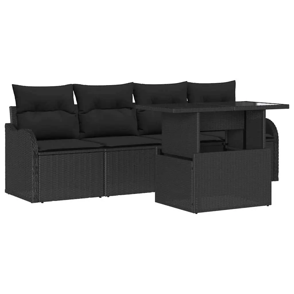 5 Piece Modular Outdoor Sofa Set Black Poly Rattan with Cushions and Glass Table for Garden and Patio