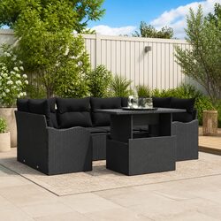 Outdoor Garden Sofa Set 7 Piece Modular Black Poly Rattan Lounge with Cushions