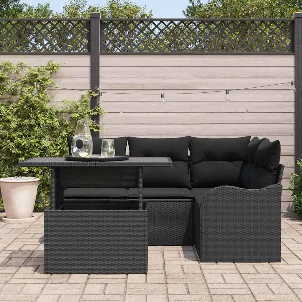 Garden Sofa Set 5 Pieces Outdoor Seating Black Poly Rattan Modular with Cushions