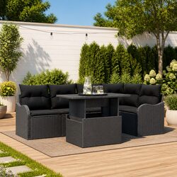Modular Garden Sofa Set 6 Pcs Black Poly Rattan Outdoor Seating with Cushions