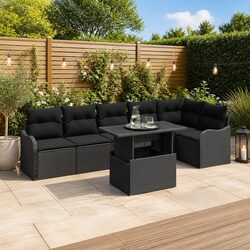 Garden Sofa Set 7 pcs Outdoor Seating Black Poly Rattan Modular Lounge with