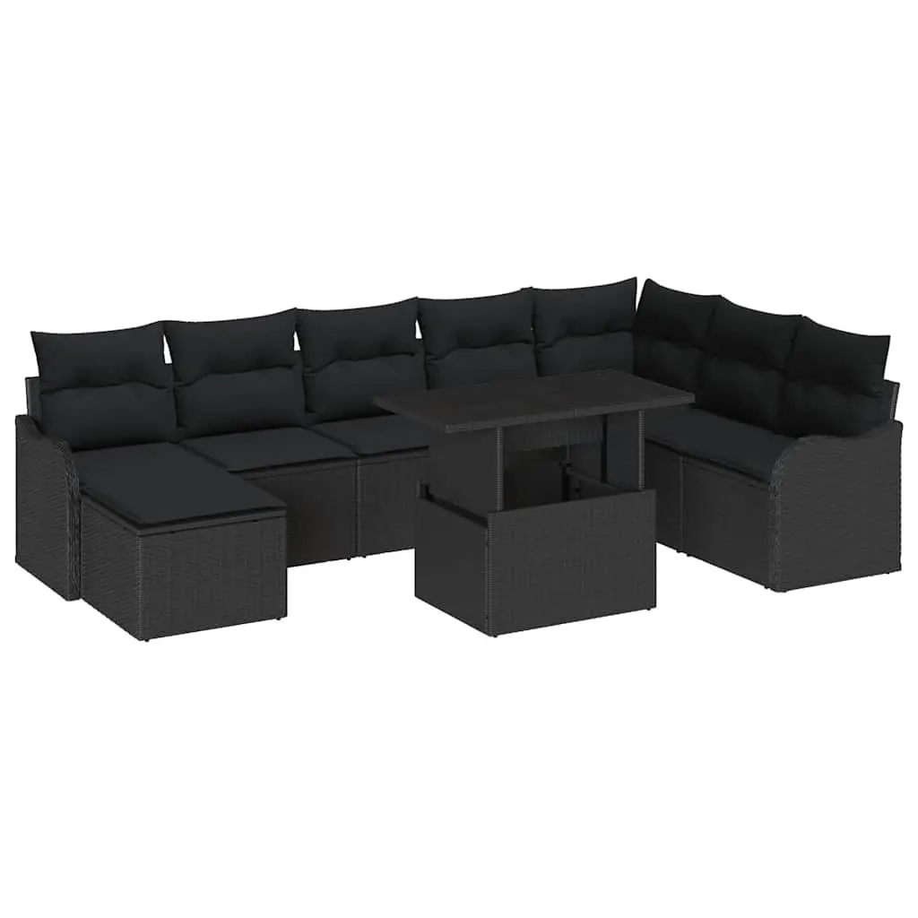 Outdoor Garden Sofa Set Poly Rattan Modular 9 Pieces Black with Cushions