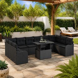 Outdoor Garden Sofa Set Modular Black Poly Rattan with Cushions 11 Pieces