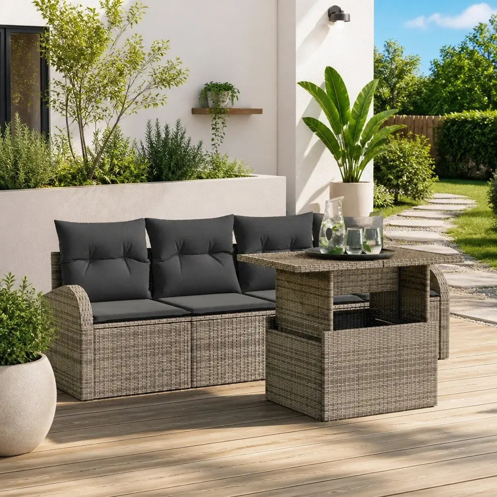 Modular Rattan Garden Sofa Set 5 Piece Grey with Powder-coated Steel Frame and Glass-top Table